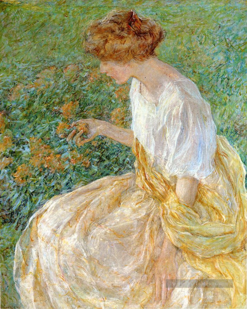 La Fleur jaune aka Les artistes Femme dans le jardin dame Robert Reid Peintures à l'huile